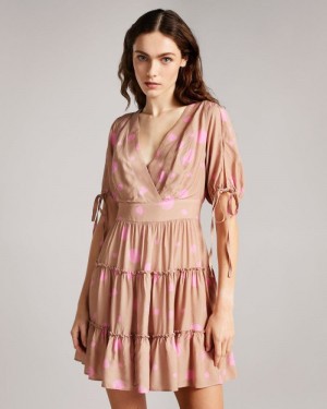 Light Brown Ted Baker Stefina Printed Tiered Mini Dress Dresses | YJMQCPA-76