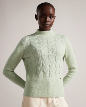 Light Green Ted Baker Veolaa Wool And Mohair Blend Cable Knit Jumper Jumpers & Cardigans | TNHGABP-56