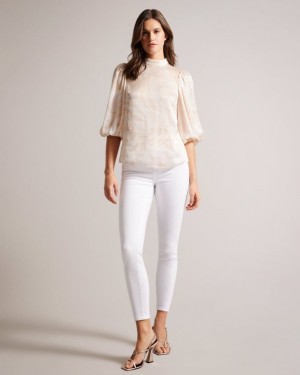 Light Nude Ted Baker Imelah Paisley Top With Balloon Sleeve Tops & Blouses | DWZVUAY-60
