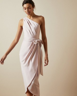 Light Pink Ted Baker Gabie One Shoulder Drape Midi Dress Dresses | VXEJMBF-65