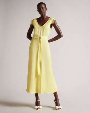 Light Yellow Ted Baker Noemi V Neck Bias Cut Midi Dress Dresses | GHLOFEA-23