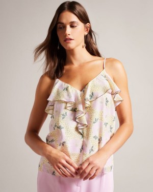 Light Yellow Ted Baker Shaunia Ruffled V Neck Daisy Cami Tops & Blouses | YHQMAXO-64