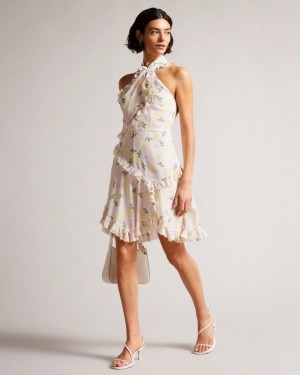 Light Yellow Ted Baker Suttonn Twist Neck Frill Detail Mini Dress Dresses | TQZVXCM-47