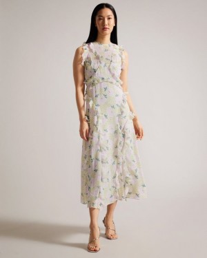 Lilac Ted Baker Calinia Sleeveless Waterfall Ruffle Midi Dress Dresses | IECMVLU-69