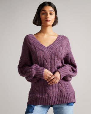 Lilac Ted Baker Gaiaa MIB Cable Bobble Knit Jumper Jumpers & Cardigans | IOVWZFD-96