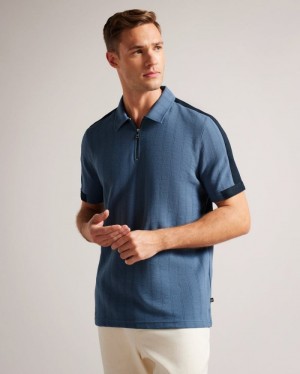 Medium Blue Ted Baker Abloom Short Sleeve Polo Shirt With Zip Polo Shirts | SATYPHC-05