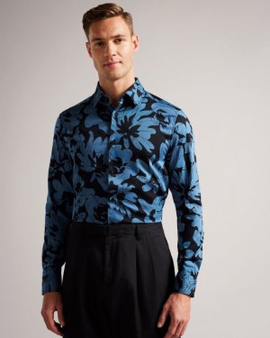 Medium Blue Ted Baker Altlo Long Sleeve Floral Print Shirt Shirts | VYFMIXU-80