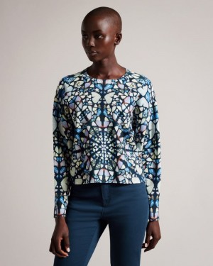 Medium Blue Ted Baker Ashlina Kaleidoscope Print Boxy Fit Top Jumpers & Cardigans | YAJILZB-67