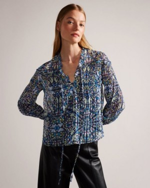Medium Blue Ted Baker Florrei Swing Blouse With Ruffles And Neck Tie Tops & Blouses | UKMGVTH-53