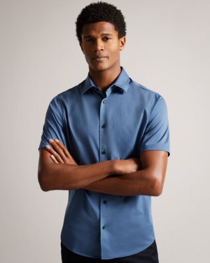 Medium Blue Ted Baker Marrsho Short Sleeve Smart Jersey Shirt Shirts | NHKIWRU-91