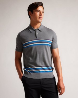 Medium Blue Ted Baker Pital Striped Wool Polo Shirt Polo Shirts | YGEVUBD-72