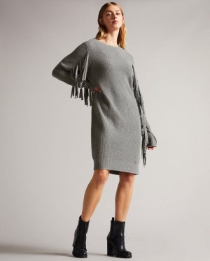 Medium Grey Ted Baker Friidah Knitted coccoon dress with fringe trim Dresses | OVMJIFL-90
