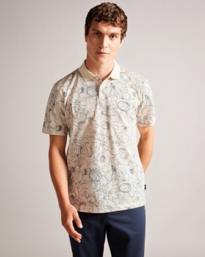 Natural Ted Baker Holler Short Sleeve Regular Fit Printed Polo Shirt Polo Shirts | HOGBQKT-58