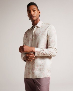 Natural Ted Baker Millow Long Sleeve Botanical Lyocell Shirt Shirts | UHYXNSK-09