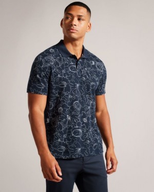 Navy-Blue Ted Baker Holler Short Sleeve Regular Fit Printed Polo Shirt Polo Shirts | IJSPULY-56