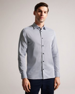Navy Ted Baker Alham Long Sleeve Geometric Print Shirt Shirts | POIGLHQ-59