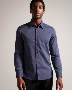 Navy Ted Baker Boulss Long Sleeve Circle Weave Shirt Shirts | AYLUVQP-02