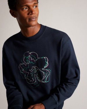 Navy Ted Baker Carick Long Sleeve Embroidered Flower Sweatshirt Sweatshirts & Hoodies | LFVUKBE-03