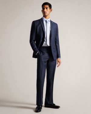 Navy Ted Baker Cromts Pure Wool Check Suit Trousers Suits | BVDJUKP-10
