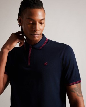 Navy Ted Baker Dynam Monogram Diamond Knit Polo Shirt Polo Shirts | RKTYMCV-85