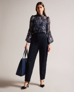 Navy Ted Baker Eliona Barrel Trousers With Pin Tuck Detail Trousers & Shorts | PADCEOS-41