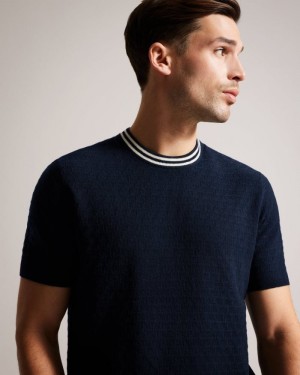 Navy Ted Baker Hanam Short Sleeve T Stitched T-Shirt Jumpers & Knitwear | XWKMGAZ-34