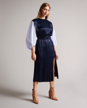 Navy Ted Baker Kaytei Belted Midi Dress With Puff Sleeve Dresses | FOTKZSW-65