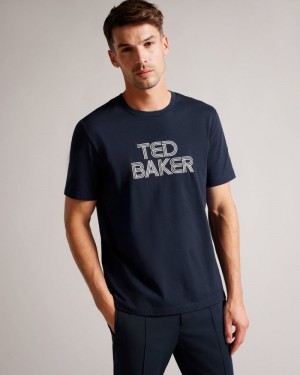 Navy Ted Baker Kenedy Short Sleeve Regular Fit Branded T-Shirt Tops | THNXIPL-84