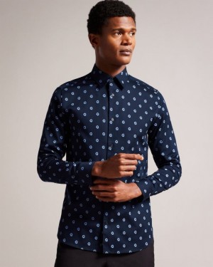 Navy Ted Baker Kyme Long Sleeve Ditsy Floral Shirt Shirts | ZTBKOIM-36