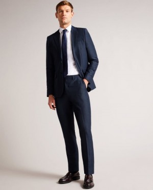 Navy Ted Baker Lancet Slim Fit Wool Linen Trousers Suits | IRAMZEF-25