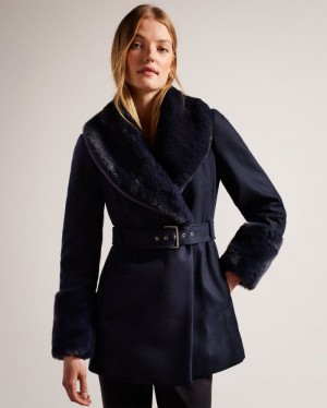 Navy Ted Baker Loleta Belted Coat With Faux Fur Collar and Cuffs Coats & Jackets | JYOMNKQ-04