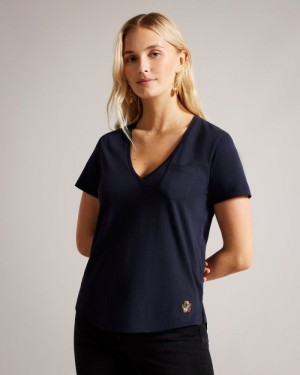 Navy Ted Baker Lovage Easy Fit V Neck T Shirt Tops & Blouses | SIGYDXM-69