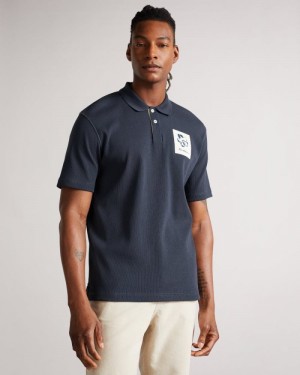 Navy Ted Baker Marden Short Sleeve Ribbed Polo Shirt Polo Shirts | GVADHNU-90