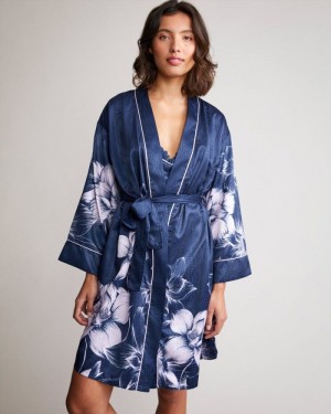 Navy Ted Baker Mogoli Floral Print Satin Robe Lingerie & Pyjamas | RXAWSVB-61