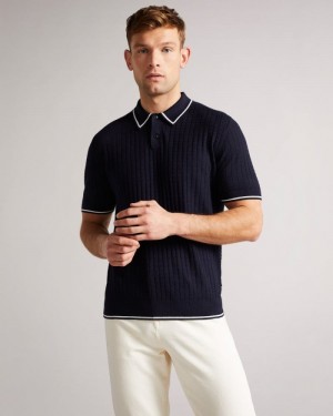 Navy Ted Baker Pitfeld Knitted Stitch Polo Shirt Polo Shirts | ABTOKVX-95
