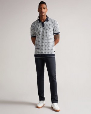 Navy Ted Baker Staffrd Short Sleeve Jacquard Polo with Tipping Polo Shirts | EPAQKYZ-45