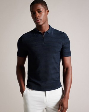 Navy Ted Baker Stree Short Sleeve Textured Polo Shirt Polo Shirts | DRAWMVN-92