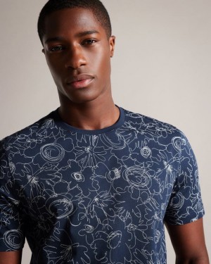 Navy Ted Baker Tospin Short Sleeve Sketchy Floral Print T-Shirt Tops | UDOVKIR-10