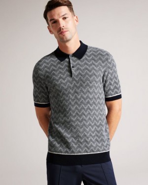 Navy Ted Baker Waldun Zig Zag Knit Polo Shirt Polo Shirts | ZAHGKTJ-05