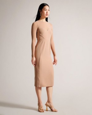 Nude Ted Baker Ivylou Bodycon Midi Dress With Sheer Sleeves Dresses | RTYUAKL-97