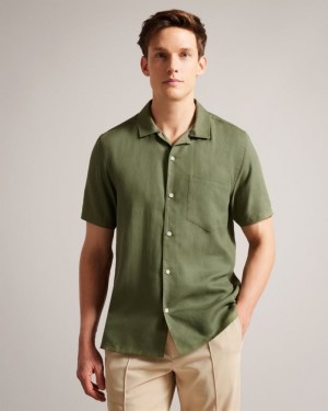 Olive Ted Baker Wesland Short Sleeve Tencel Linen Revera Collar Shirt Shirts | KXVGZFD-02