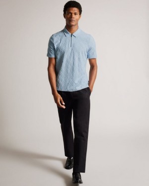 Pale Blue Ted Baker Maroc Short Sleeve Zip Jacquard Polo Shirt Polo Shirts | MHYDFUO-92