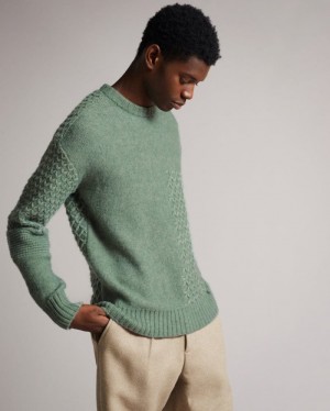 Pale Green Ted Baker Brokhol Mixed Stitch Crew Neck Jumpers & Knitwear | KTUCLRB-51