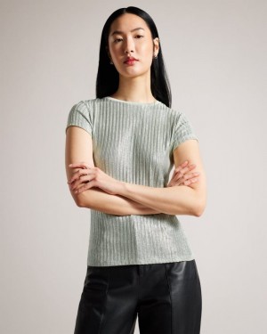 Pale Green Ted Baker Catrino Metallic Fitted T Shirt Tops & Blouses | YWHPKUL-47