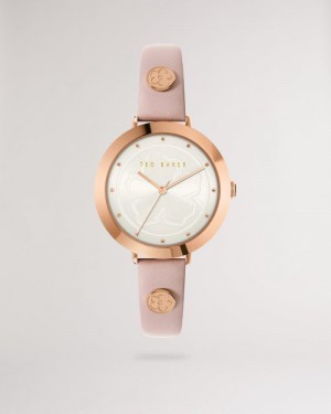 Pink Ted Baker Ammmy Magnolia Detail Leather Watch Watches | WQUHPZK-56