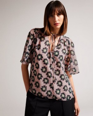 Pink Ted Baker Harlynn Split Sleeve Top With Neck Tie Tops & Blouses | LUSIGMH-84