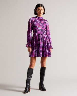 Purple Ted Baker Sammieh High Neck Fit And Flare Mini Dress Dresses | ZMOUPXJ-19