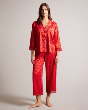 Red Ted Baker Meggs Satin Heart Long Sleeved Pyjama Set Lingerie & Pyjamas | HGERZSC-93