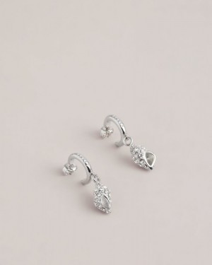 Silver Colour Ted Baker Sersiee Crystal Shell Hoop Drop Earrings Jewellery | EPSAYVQ-26