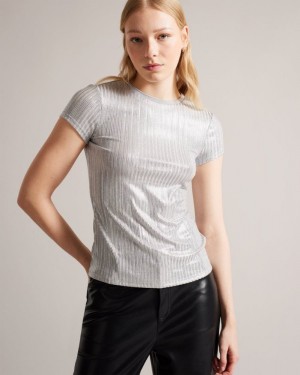 Silver Ted Baker Catrino Metallic Fitted T Shirt Tops & Blouses | PFVNMEL-21
